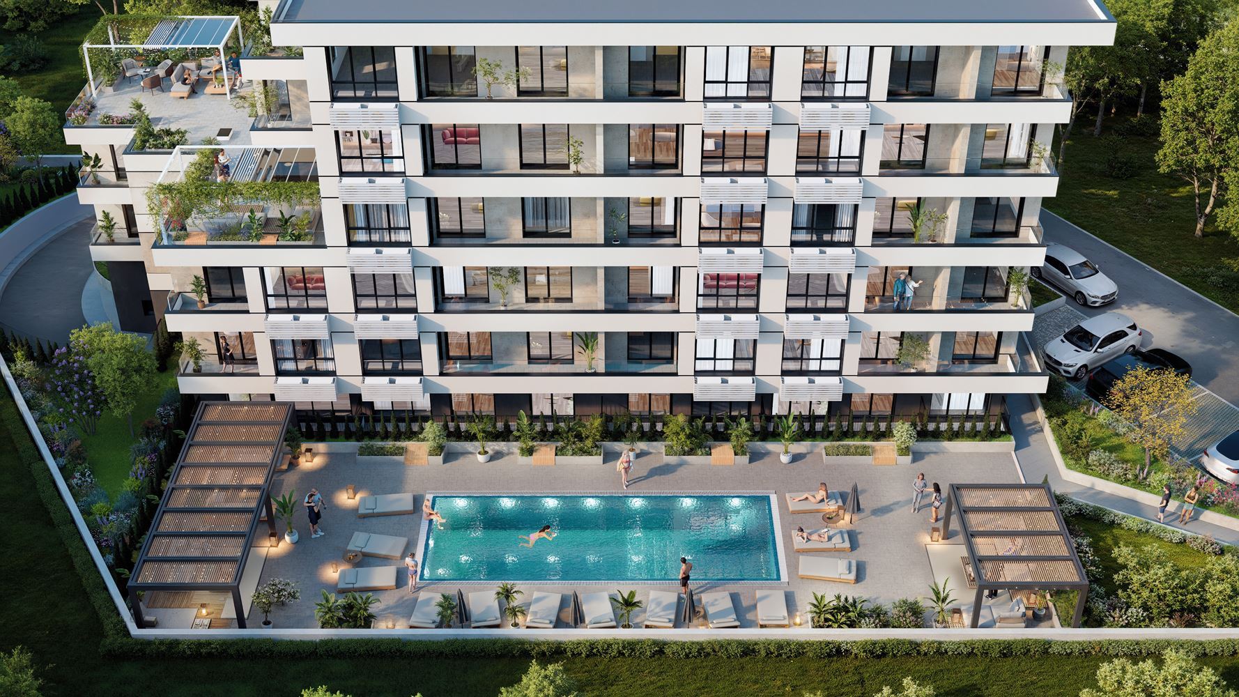 Apartmán s jednou ložnicí a vlastní malou zahrádkou v novém moderním komplexu na Slunečném pobřeží