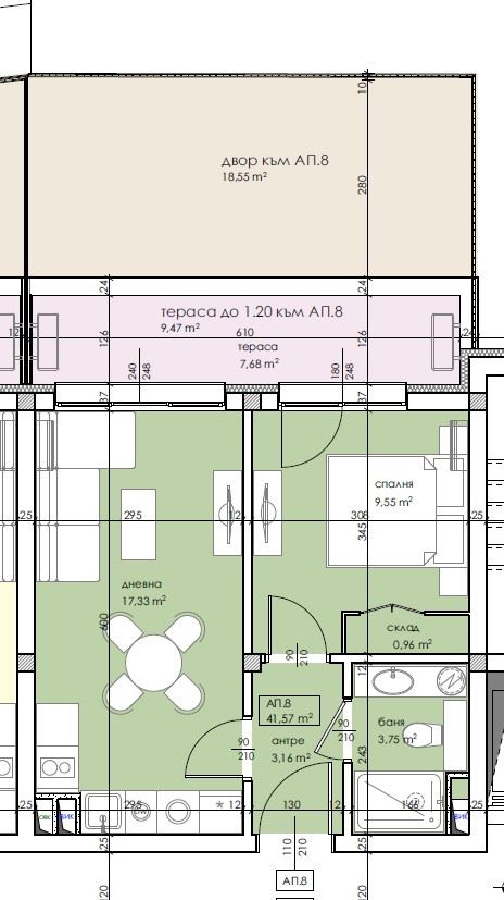 Apartmán s jednou ložnicí a vlastní malou zahrádkou v novém moderním komplexu na Slunečném pobřeží