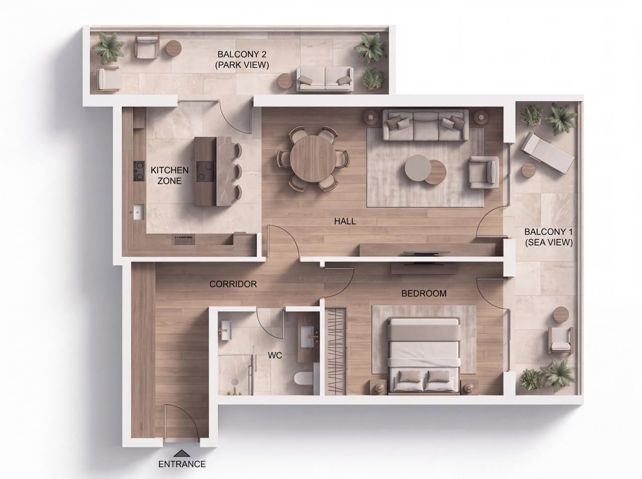 První linie ve Slunečném pobřeží – prostorný apartmán s jednou ložnicí s výhledem na moře, hory a město