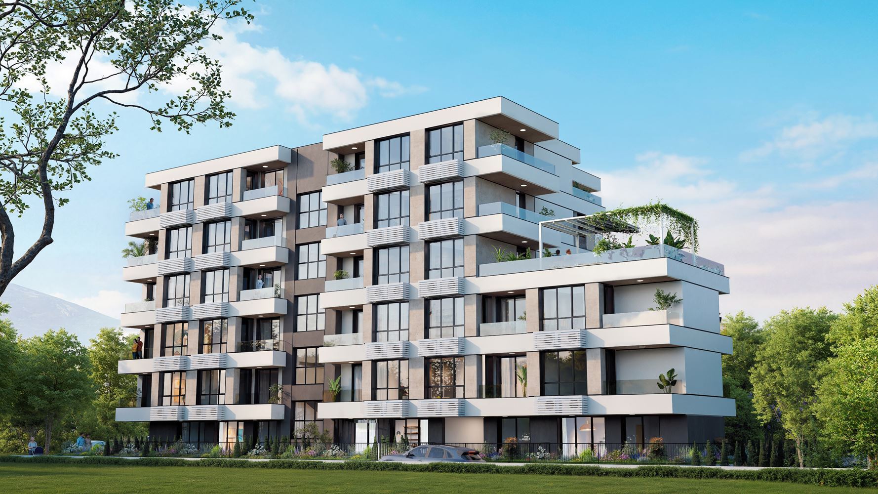 Apartmán s jednou ložnicí a vlastní malou zahrádkou v novém moderním komplexu na Slunečném pobřeží