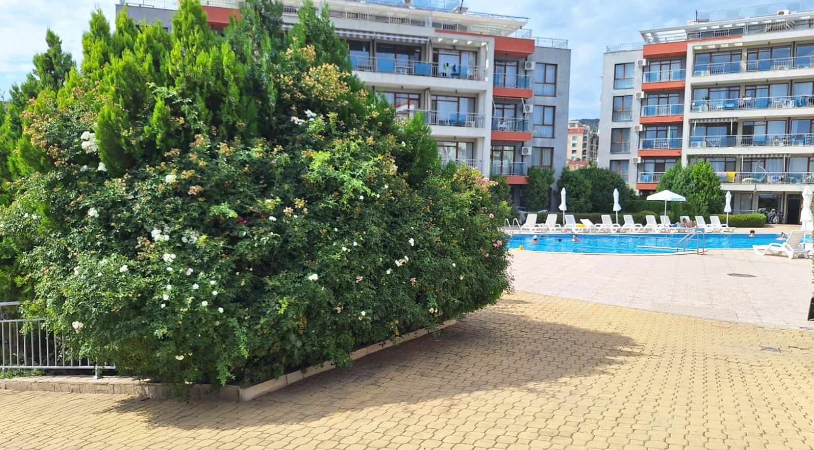Apartmán s jednou ložnicí v první linii u moře ve Svatém Vlasu – útulná nemovitost s výhledem na bazén a moře
