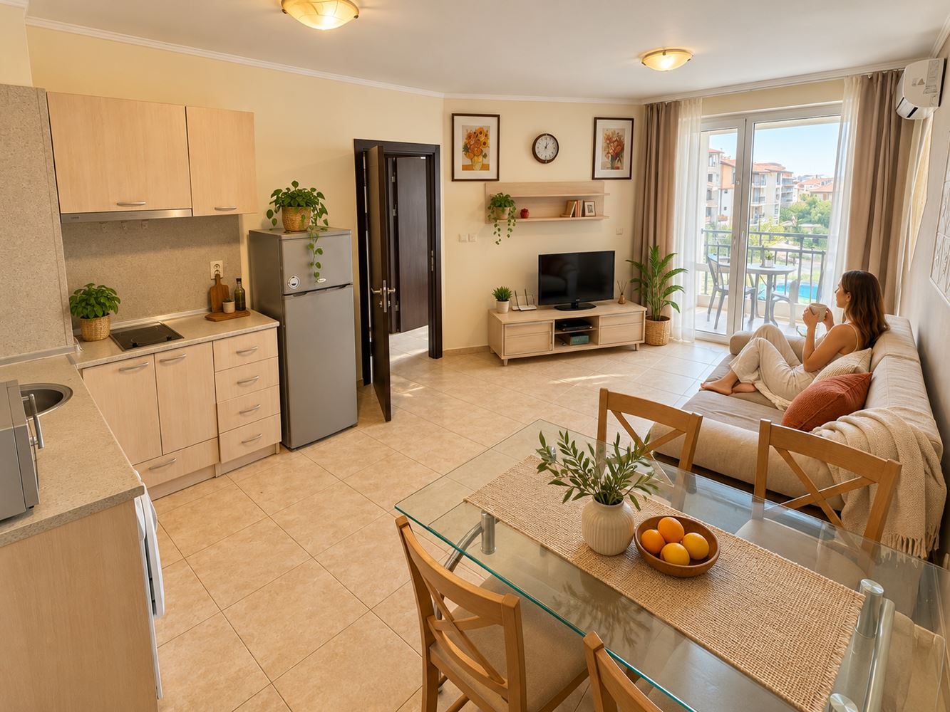 Apartmán s jednou ložnicí a výhledem na bazén v Nesebaru – komfort, moře a vynikající podmínky pro dovolenou a investici